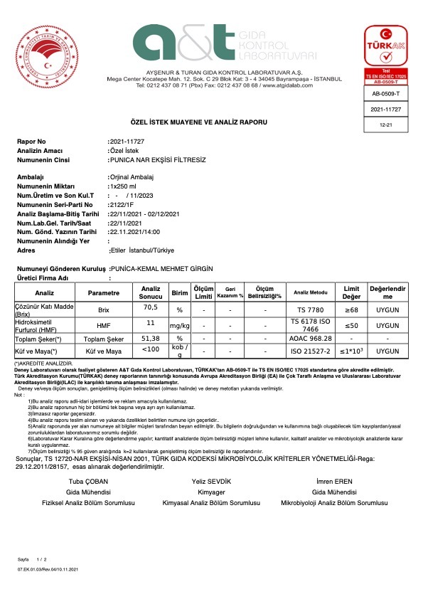 Punica Filtresiz Briks & HMF & Şeker & Küf-Maya Analizi